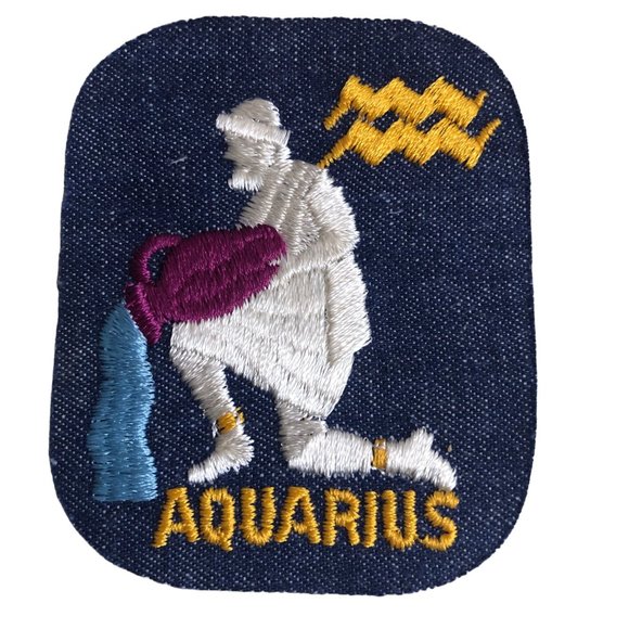 Vintage Rumper Stitcher Aquarius Embroider Sew Iron Patch Astrology Denim Yellow - Picture 1 of 4